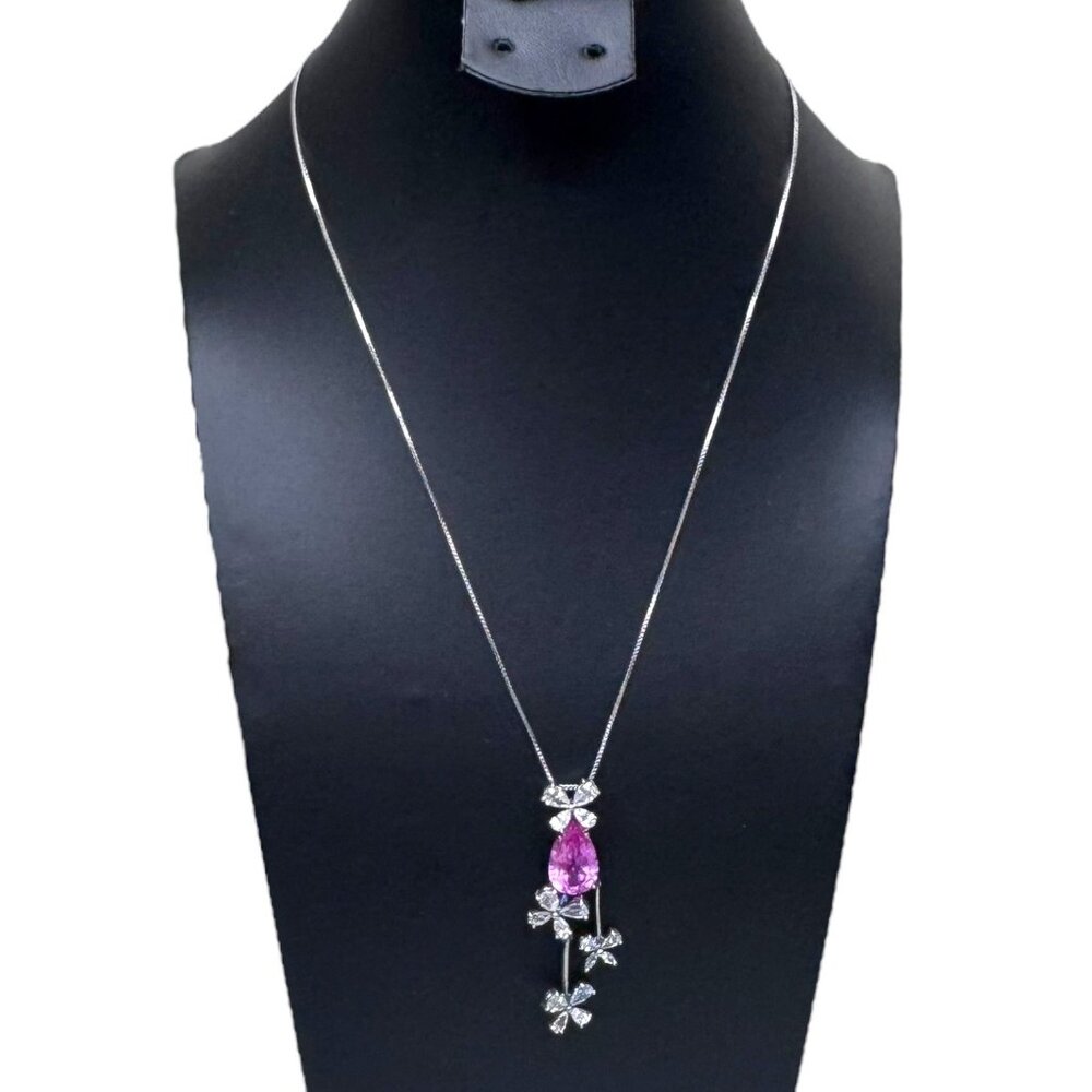 Spring Pink Sapphire & CZ Butterfly Pendant Necklace 925 Sterling Silver 18"